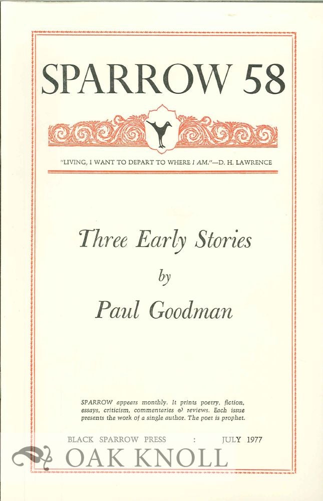 Order Nr. 127700 THREE EARLY STORIES. SPARROW 58. Paul Goodman.