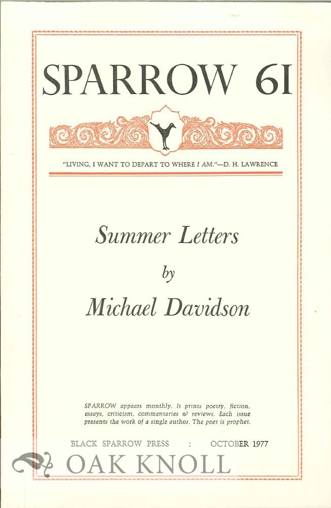 Order Nr. 127703 SUMMER LETTERS. SPARROW 61. Michael Davidson.
