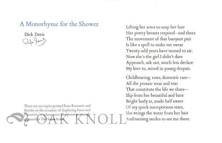 Order Nr. 129699 A MONORHYME FOR THE SHOWER. Dick Davis.
