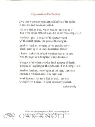 Order Nr. 129700 IMPROVISATION ON YIDDISH. Robert Pinsky