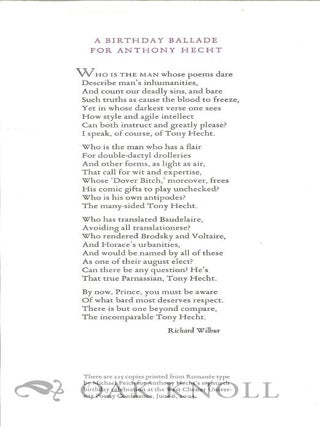 Order Nr. 129733 A BIRTHDAY BALLADE FOR ANTHONY HECHT. Richard Wilbur