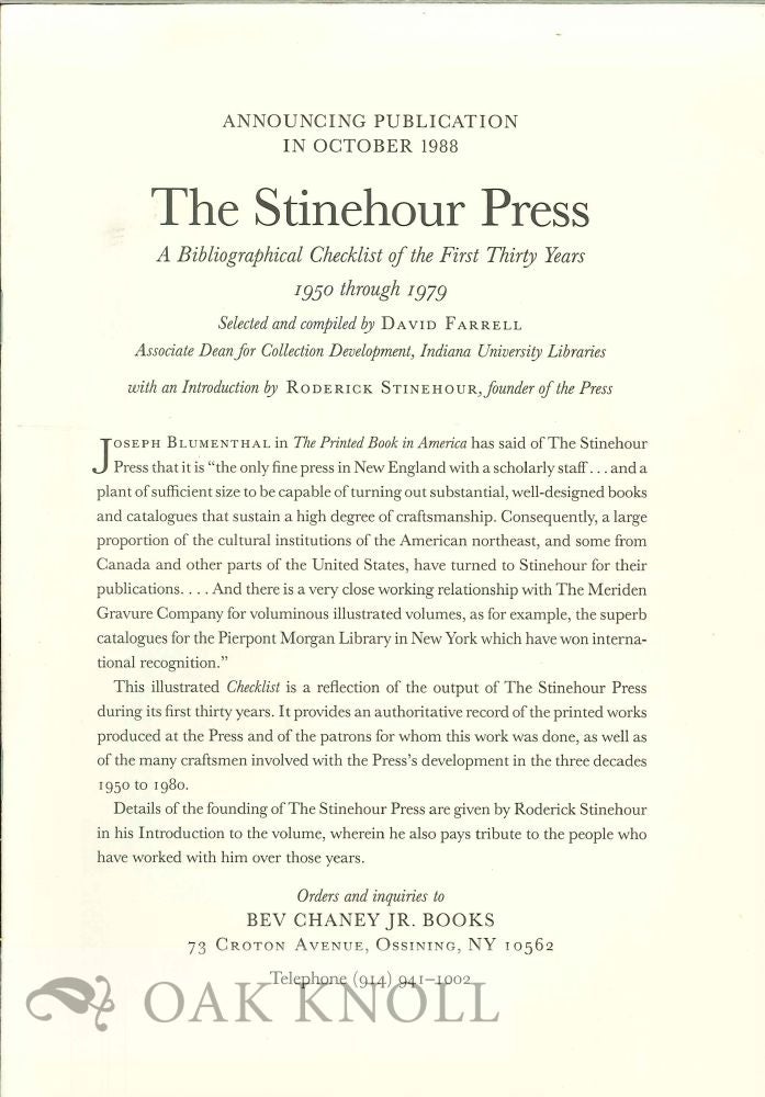Order Nr. 129966 Publication Announcement by The Stinehour Press.