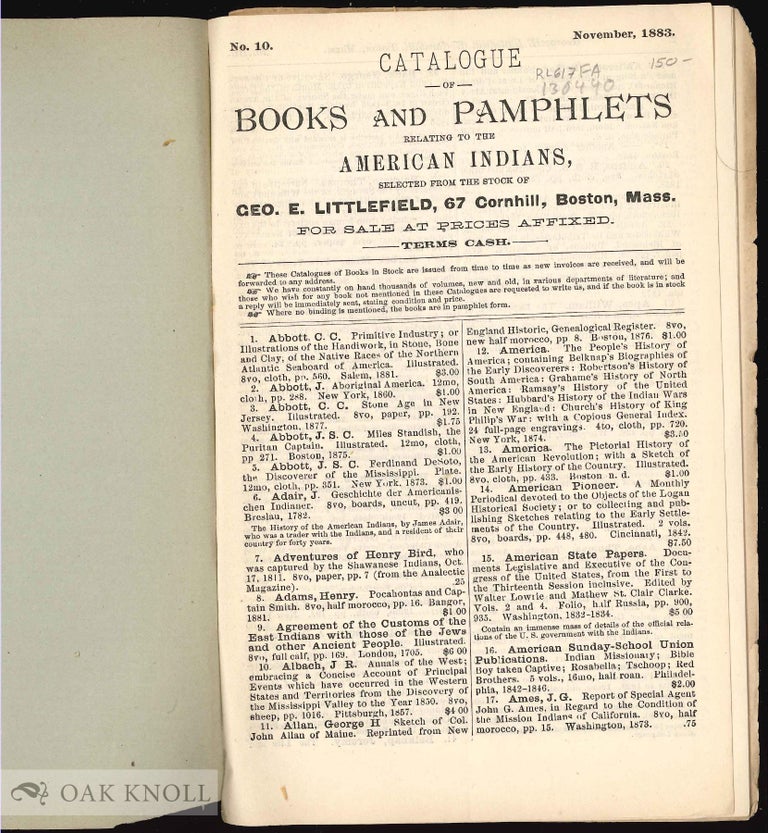 Order Nr. 130440 CATALOGUE OF BOOKS AND PAMPHLETS RELATING TO THE AMERICAN INDIANS.