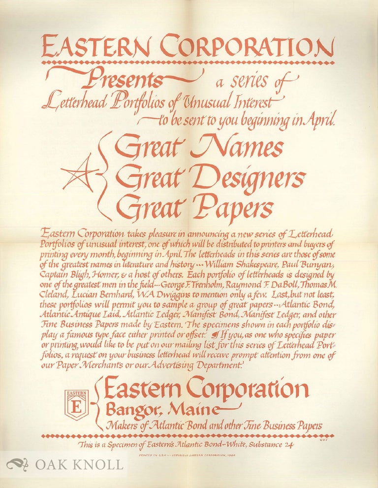 Order Nr. 131390 Large Collection of Eastern Corporation Type Specimen Sheets. Eastern Corporation.