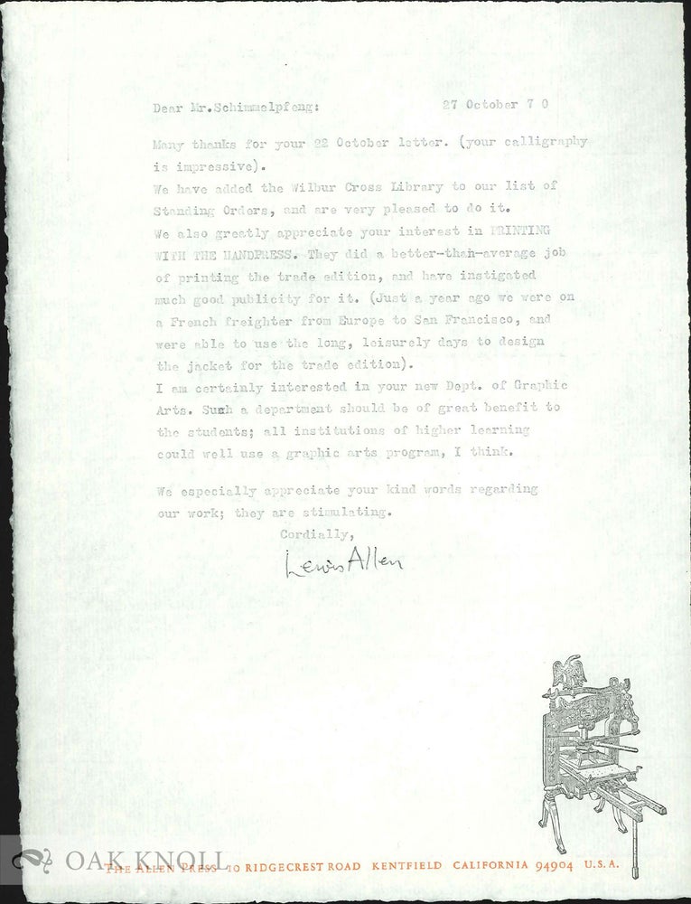 Order Nr. 132834 Four letters from Lewis Allen to Richard Schimmelpfeng. Lewis Allen.