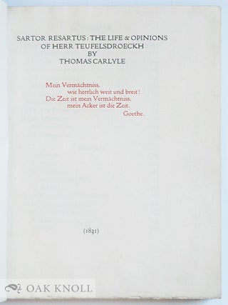 SARTOR RESARTUS: THE LIFE & OPINIONS OF HERR TEUFELSDROECKH.