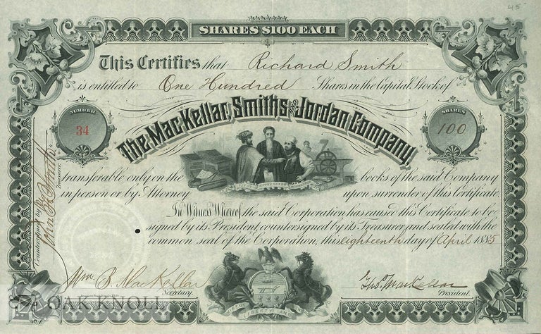 Order Nr. 135350 MACKELLAR, SMITHS AND JORDAN CO. 1885 I/U STOCK CERTIFICATE.