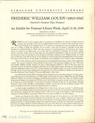 Order Nr. 136980 FREDERIC WILLIAM GOUDY, 1865-1947: AMERICA'S GREATEST TYPE DESIGNER. Carl Melinat