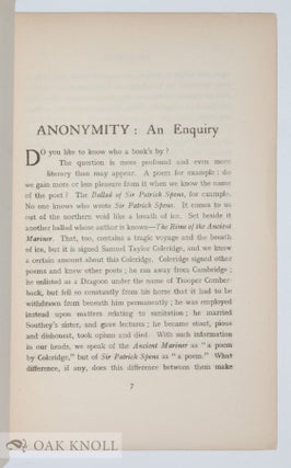 ANONYMITY, AN ENQUIRY.