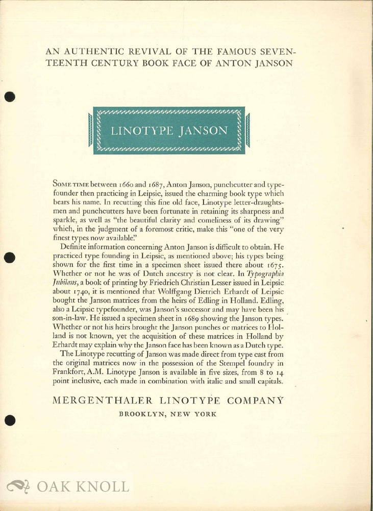 Order Nr. 137781 LINOTYPE JANSON. Linotype.