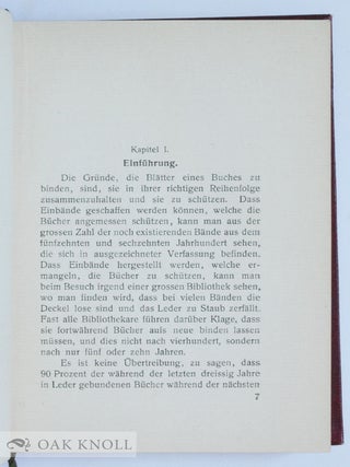 DER BUCHEINBAND UND DIE PFLEGE DES BUCHES, EIN HANDBUCH FÜR BUCHBINDER UND BIBLIOTHEKARE.