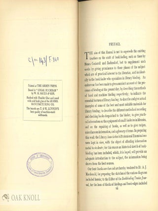 A MANUAL OF LIBRARY BOOKBINDING, PRACTICAL AND HISTORICAL.