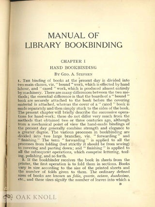 A MANUAL OF LIBRARY BOOKBINDING, PRACTICAL AND HISTORICAL.