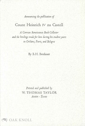 Order Nr. 139564 Prospectus for COUNT HEINRICH IV ZU CASTELL, A GERMAN RENAISSANCE BOOK COLLECTOR...