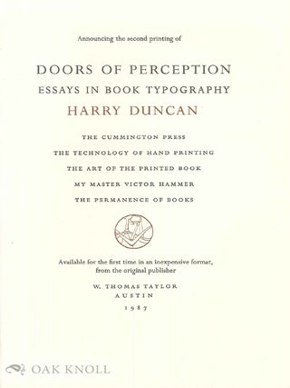 Order Nr. 139566 Prospectus for DOORS OF PERCEPTION, ESSAYS IN BOOK TYPOGRAPHY. Harry Duncan