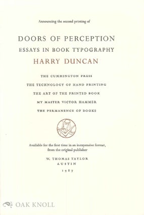 Order Nr. 139566 Prospectus for DOORS OF PERCEPTION, ESSAYS IN BOOK TYPOGRAPHY. Harry Duncan