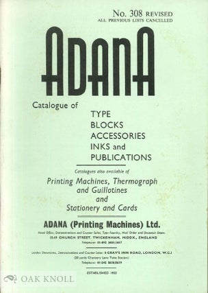 Order Nr. 139702 CATALOGUE OF TYPE, BLOCKS, ACCESSORIES, INKS AND PUBLICATIONS. Adana