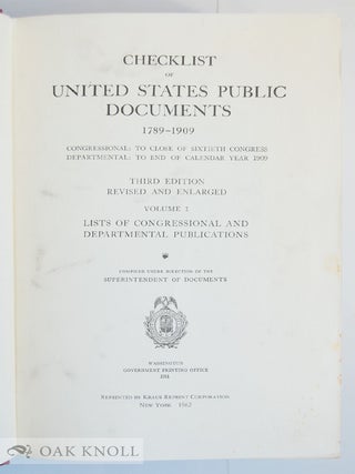 CHECKLIST OF UNITED STATES PUBLIC DOCUMENTS 1789-1909.