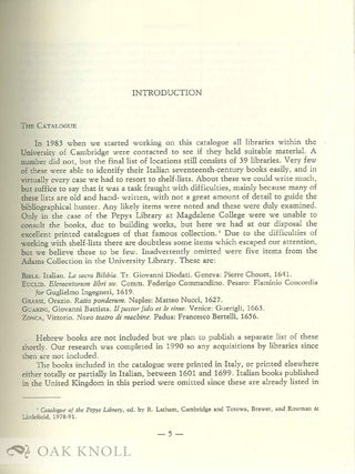 ITALIAN 17TH-CENTURY BOOKS IN CAMBRIDGE LIBRARIES A SHORT-TITLE CATALOGUE.