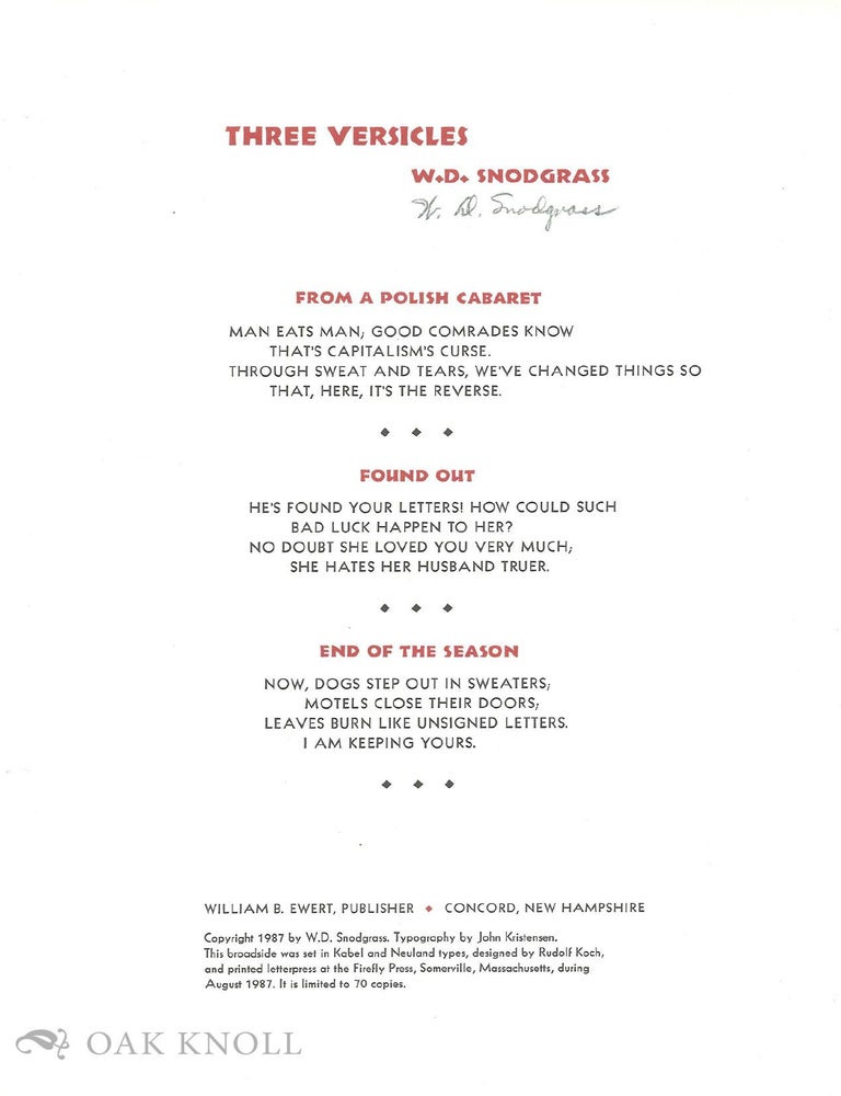 Order Nr. 142765 THREE VERSICLES. W. D. Snodgrass.