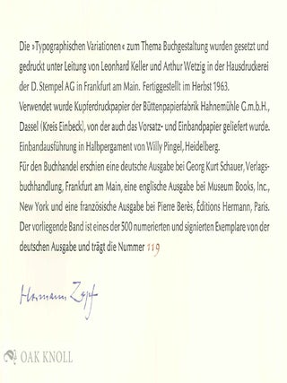 TYPOGRAPHISCHE VARIATIONEN, 78 BUCHTITEL UND TEXTSEITEN ALS GESTALTUNGSMOGLICHKEITEN DER TYPOGRAPHIE UND BUCHGRAPHIK ENTWORFEN VON HERMANN ZAPF.