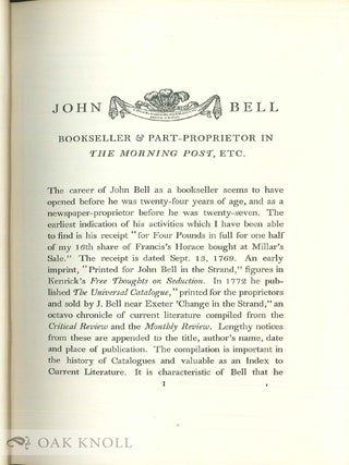JOHN BELL, 1745-1831, BOOKSELLER, PRINTER, PUBLISHER, TYPEFOUNDER, JOURNALIST, & C. ...
