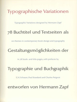 TYPOGRAPHISCHE VARIATIONEN, 78 BUCHTITEL UND TEXTSEITEN ALS GESTALTUNGSMOGLICHKEITEN DER TYPOGRAPHIE UND BUCHGRAPHIK ENTWORFEN VON HERMANN ZAPF.