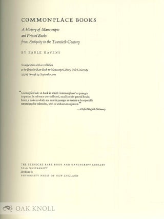 COMMONPLACE BOOKS: A HISTORY OF MANUSCRIPTS AND PRINTED BOOKS FROM ANTIQUITY TO THE TWENTIETH CENTURY.